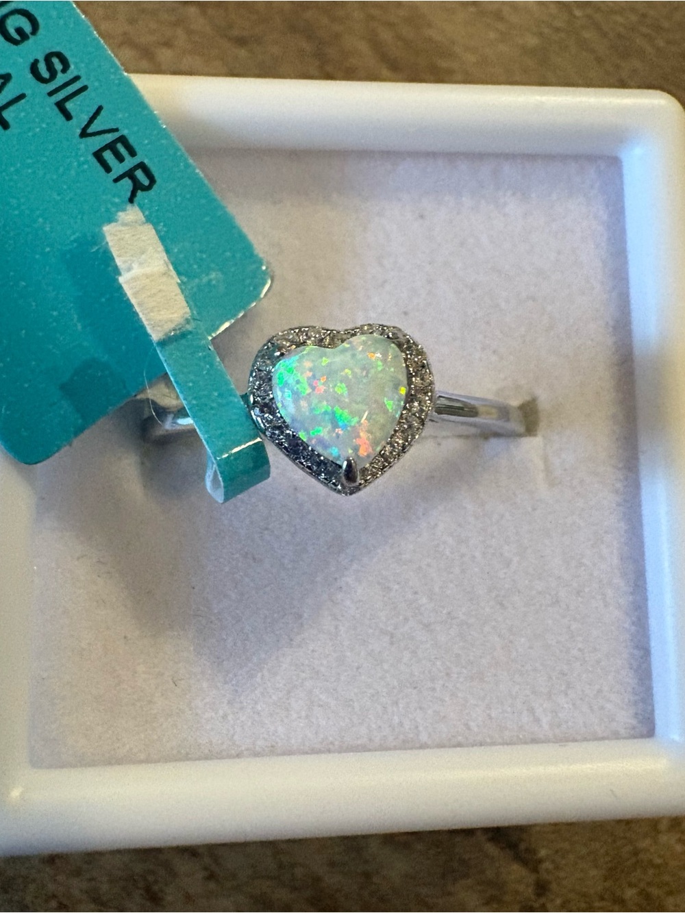 Sterling Silver Heart Opal Ring - White Opal Sparkle